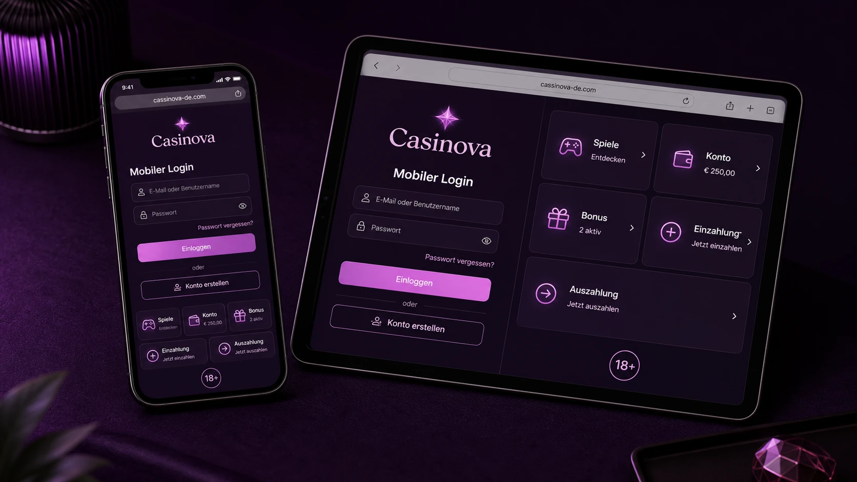 Casinova Login über mobile Version und App
